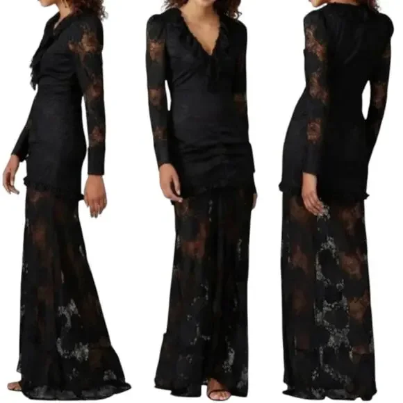 Alexis Lucasta Black Lace Maxi Dress L Ruched Sheer Gothic Victorian Romance EUC - Picture 2 of 8